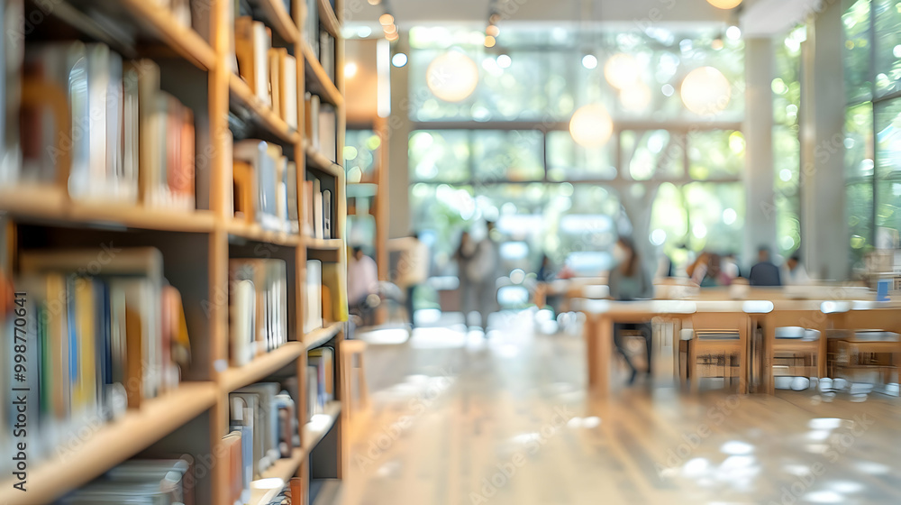 Blurry View of Bookshelves in a Modern Library with People Sitting at Tables in the Background