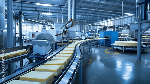 A modern factory interior with a conveyor belt transporting rectangular cheese blocks.