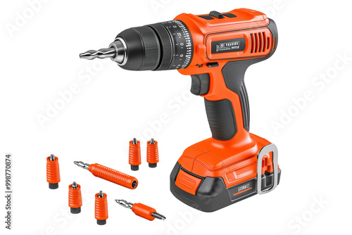 Cordless drill with interchangeable bits isolated on transparent background.