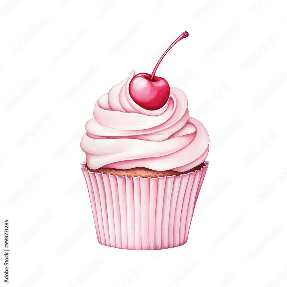 Delicious cupcake with pink frosting and cherry on top isolated on transparent background. Delicious cupcake with pink frosting and cherry on top isolated on transparent background.