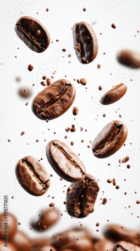 coffee beans flying in the air 9:16 aspect ratio for social media mobile post