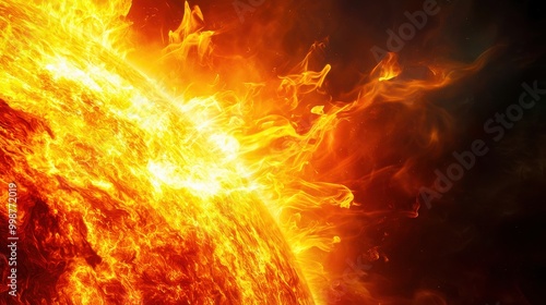 A close-up of the Sun's surface, highlighting turbulent plasma and solar flares. The image emphasizes vibrant colors and intense heat, capturing the dynamic and energetic nature of our star