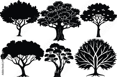 Silhouettes of different kind of Teak trees stock illustration.