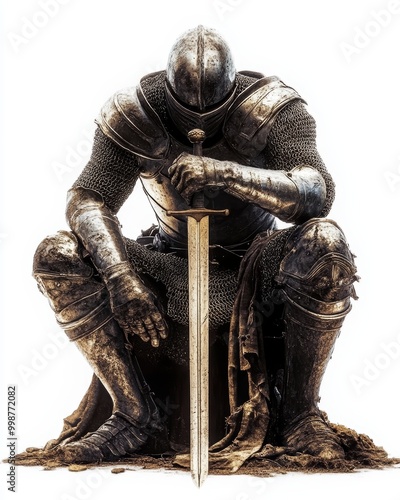 A knight in gleaming armor, kneeling with a sword planted in the ground, paying homage, isolated on white background.