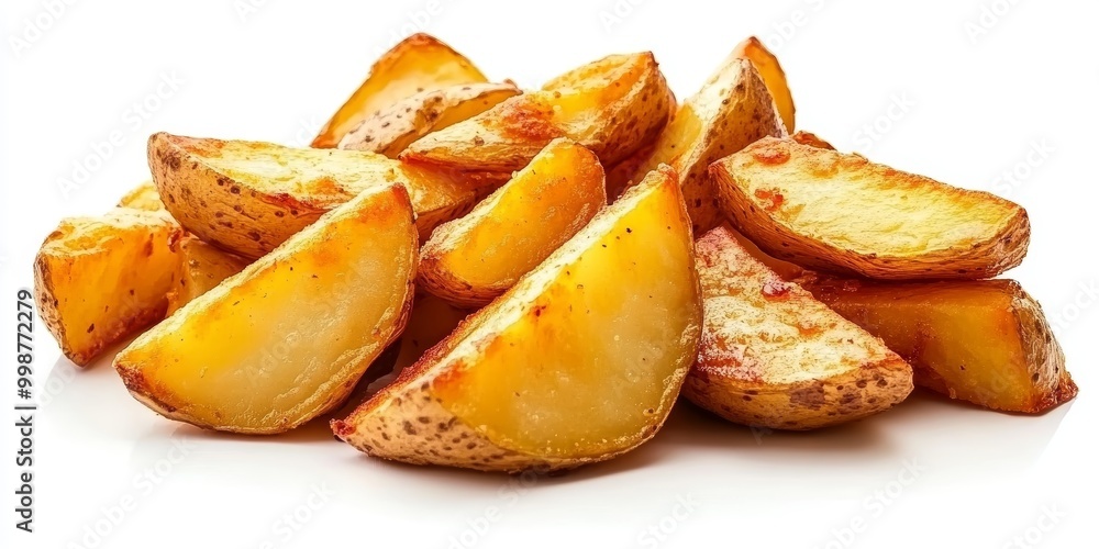 Tasty golden color fried potato wedges isolated on white background. Tasty golden color fried potato wedges isolated on white background.