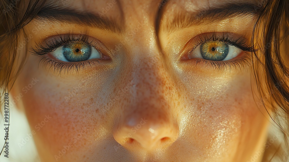 Close-Up Portrait of a Woman with Freckles and Blue Eyes Close-Up Portrait of a Woman with Freckles and Blue Eyes