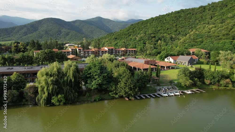 Lopota lake and luxury resort with pools aerial view, Kakheti region, Georgia Lopota lake and luxury resort with pools aerial view, Kakheti region, Georgia
