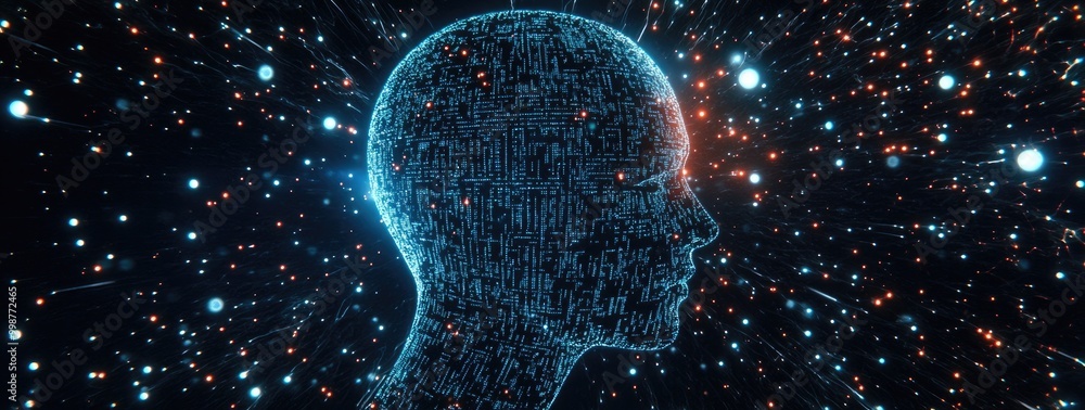 Digital human head made of code with glowing lines and particles. Digital human head made of code with glowing lines and particles.