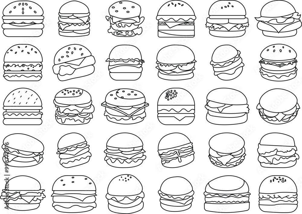 Hamburger or Cheese burger Vector Icon set. Thin Line art editable Stroke. Hamburger or Cheese burger Vector Icon set. Thin Line art editable Stroke.