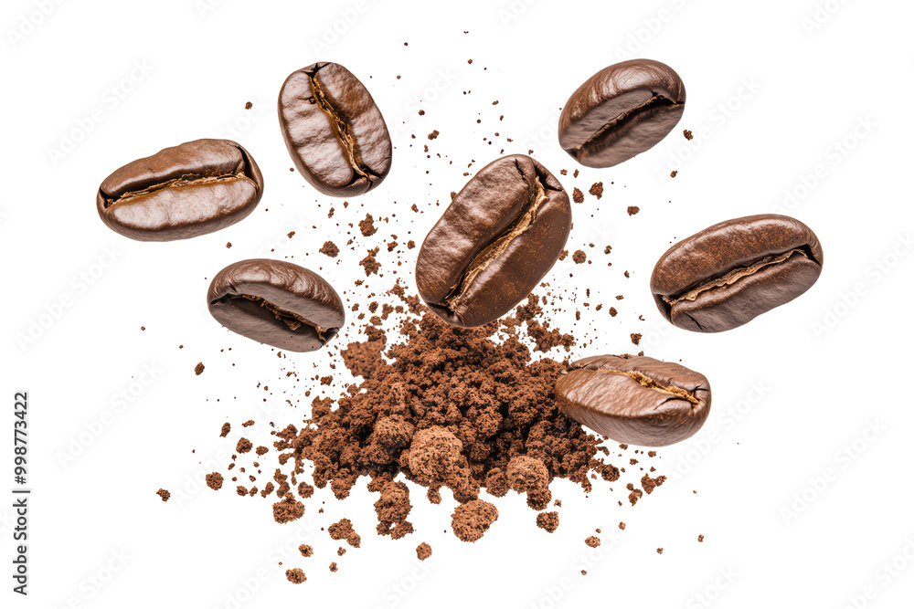 A powerful explosion of coffee beans scattering in all directions, high-speed photography style isolated on transparent background. A powerful explosion of coffee beans scattering in all directions, high-speed photography style isolated on transparent background.