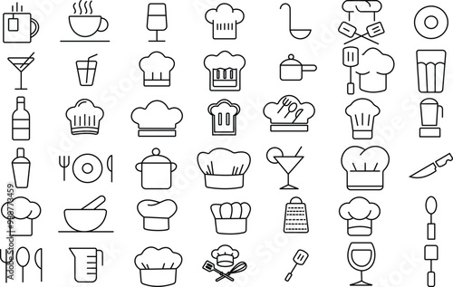 Chefs hat and cap. Thin Line art editable Stroke.