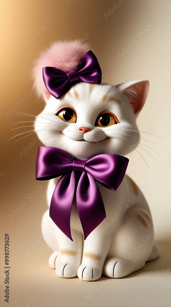 Fototapeta premium A cartoon cat with a purple bow and a pink bow on its neck Happy Orange Cat Character Giving Thumbs Up 3D kawaii cat wearing a straw hat on a clean white background