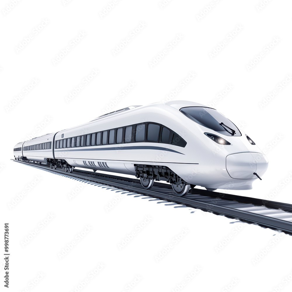 Fototapeta premium Modern train speeding along tracks isolated on transparent background.