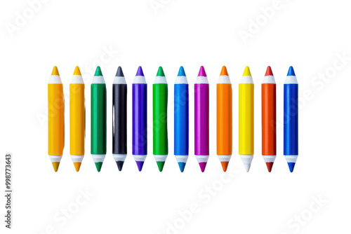 Colorful crayons arranged in a row isolated on transparent background.