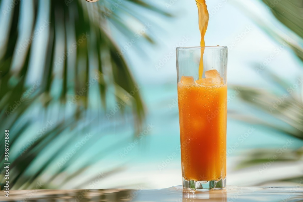 Fruit juice being poured into glass on the beach, palm trees framing the shot, Refreshing Pour, Tropical vacation relaxation Fruit juice being poured into glass on the beach, palm trees framing the shot, Refreshing Pour, Tropical vacation relaxation