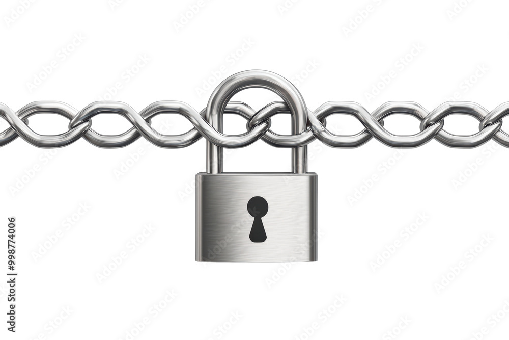 Padlock secured on chain isolated on transparent background.