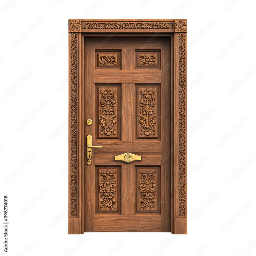 Ornate wooden door with intricate carvings isolated on transparent background. Ornate wooden door with intricate carvings isolated on transparent background.