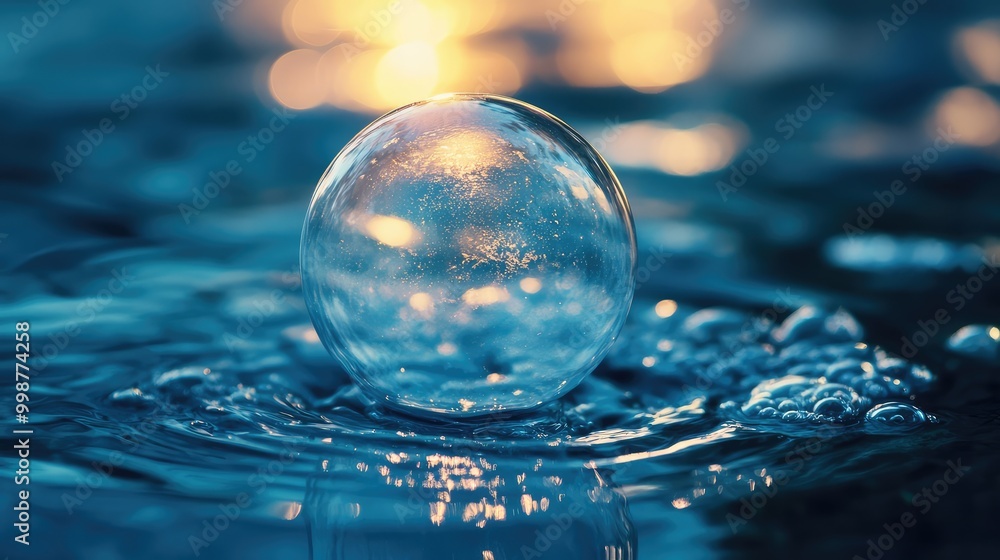 A translucent bubble on the surface of water, glowing softly in the light A translucent bubble on the surface of water, glowing softly in the light