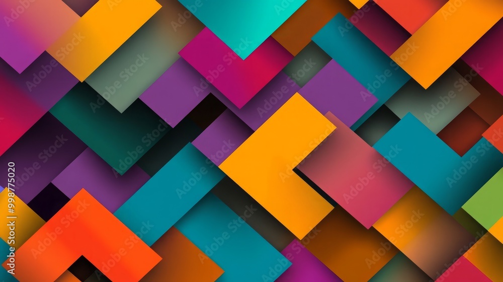 Abstract geometric background with colorful squares in various shades of blue, orange, purple, and green. Abstract geometric background with colorful squares in various shades of blue, orange, purple, and green.