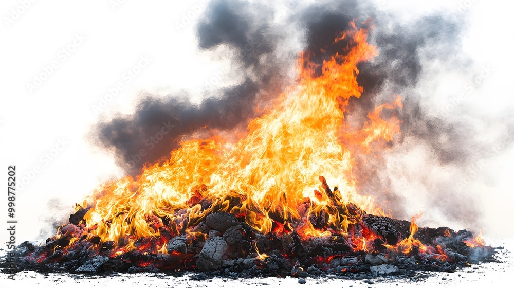 Bonfire, Fire with Flames and Smoke, White Background, Photo Realistic, Standard Background, Wallpaper, Cover and Screen for Smartphone, PC, Laptop, 9:16 and 16:9 Format
