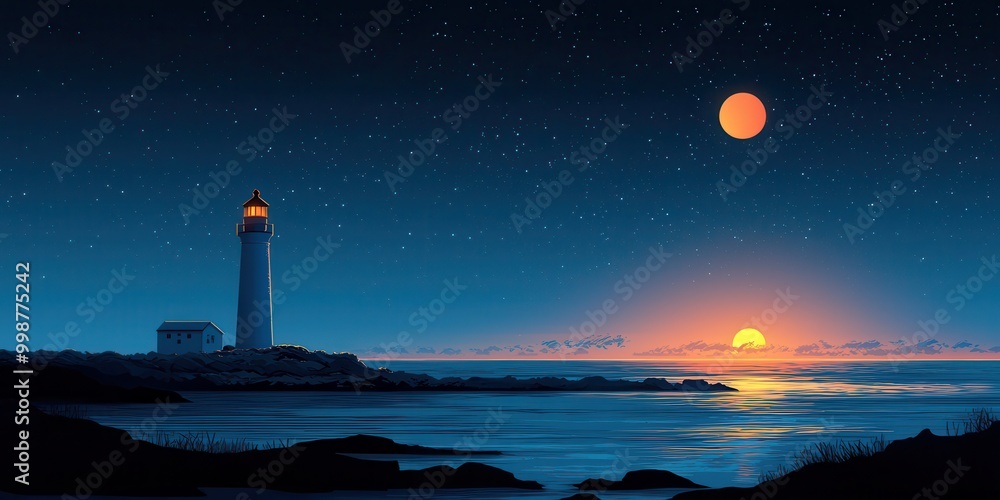A serene night landscape featuring a lighthouse under a starry sky, with a bright sunset and a glowing moon reflecting on the calm sea. A serene night landscape featuring a lighthouse under a starry sky, with a bright sunset and a glowing moon reflecting on the calm sea.