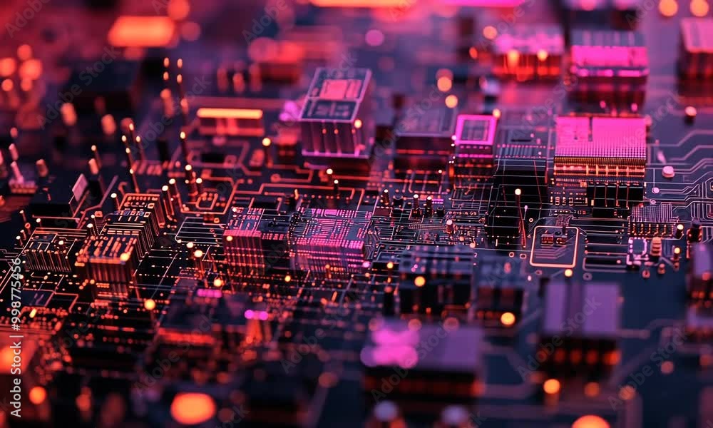 Exploring the intricate patterns of microchip technology with vibrant colors and lighting effects at nighttime Exploring the intricate patterns of microchip technology with vibrant colors and lighting effects at nighttime