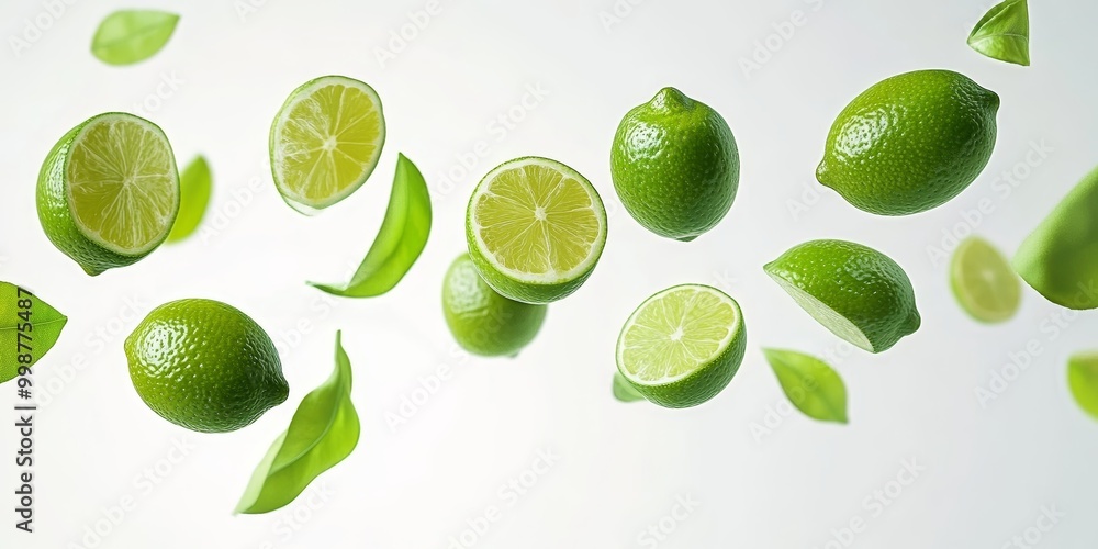 Group flying fresh green lime fruits isolated on white background. Group flying fresh green lime fruits isolated on white background.