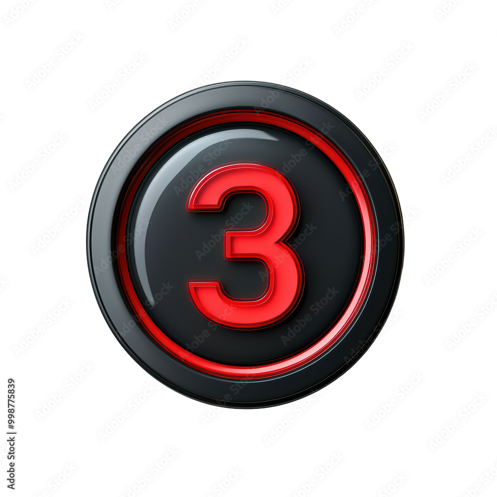 Stylish number three button, black and red colors isolated on transparent background. Stylish number three button, black and red colors isolated on transparent background.
