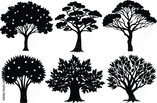 Silhouettes of different kind of Teak trees stock illustration.