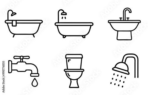 Black plumbing icon set featuring sink, shower, bathtub, toilet, drainage, and water faucet