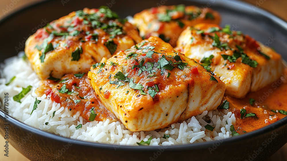 Close up of rice paired with a traditional Indian fish curry. Generative AI Close up of rice paired with a traditional Indian fish curry. Generative AI