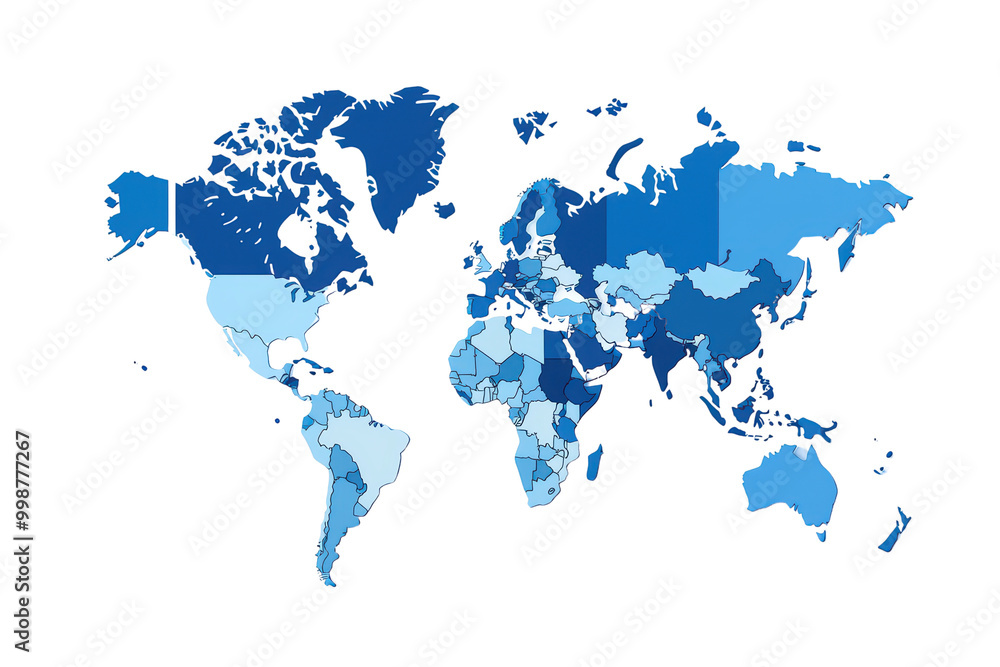 Naklejka premium World map illustration in varying shades of blue isolated on transparent background.