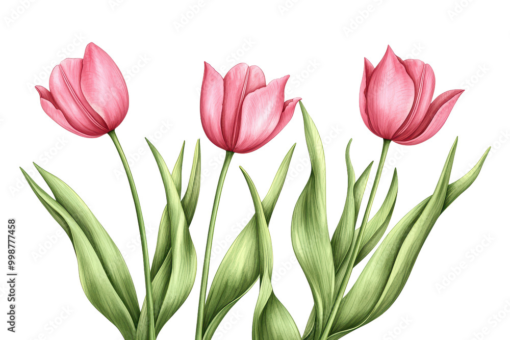 Pink tulips with green leaves isolated on transparent background. Pink tulips with green leaves isolated on transparent background.