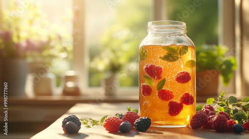 Infused berry drink with raspberries and mint in a jar, illuminated by natural sunlight photo