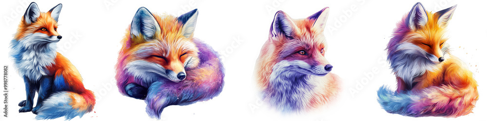 Obraz premium Colorful illustrated foxes showing different poses and expressions transparent background