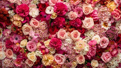 A Colorful and Dense Floral Arrangement Featuring Pink, Red, and White Blooms