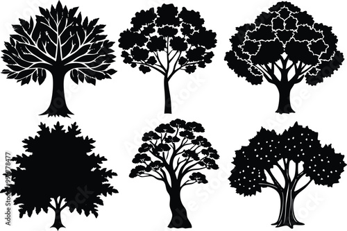 Silhouettes of different kind of Teak trees stock illustration.