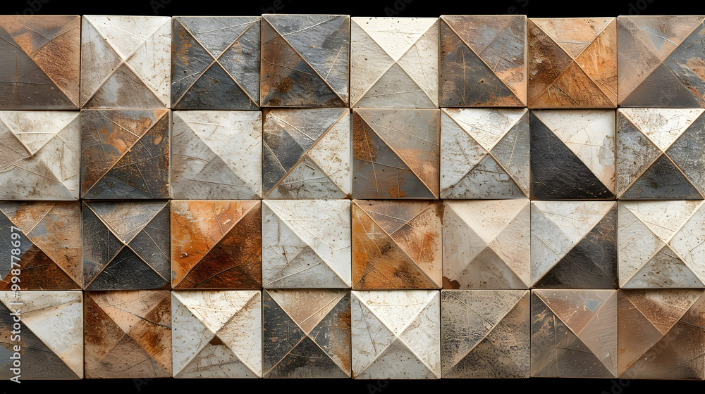 A Close-up View of a Wall Covered in Square-Shaped Tiles with Pyramid-Shaped Protrusions, Displaying a Multi-Colored Pattern of Brown, Gray, and White, Creating an Abstract Texture Background A Close-up View of a Wall Covered in Square-Shaped Tiles with Pyramid-Shaped Protrusions, Displaying a Multi-Colored Pattern of Brown, Gray, and White, Creating an Abstract Texture Background
