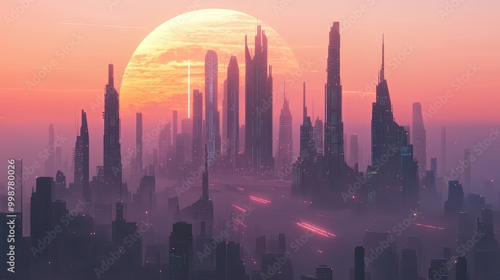 Fototapeta premium A futuristic city skyline at sunset. Modern business office skyscrapers