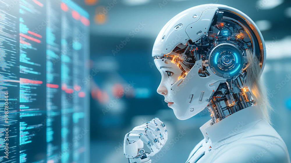 A woman with a robotic head is looking at a computer screen. Concept of technology and artificial intelligence, as the woman's head is made of metal and she is interacting with a computer A woman with a robotic head is looking at a computer screen. Concept of technology and artificial intelligence, as the woman's head is made of metal and she is interacting with a computer