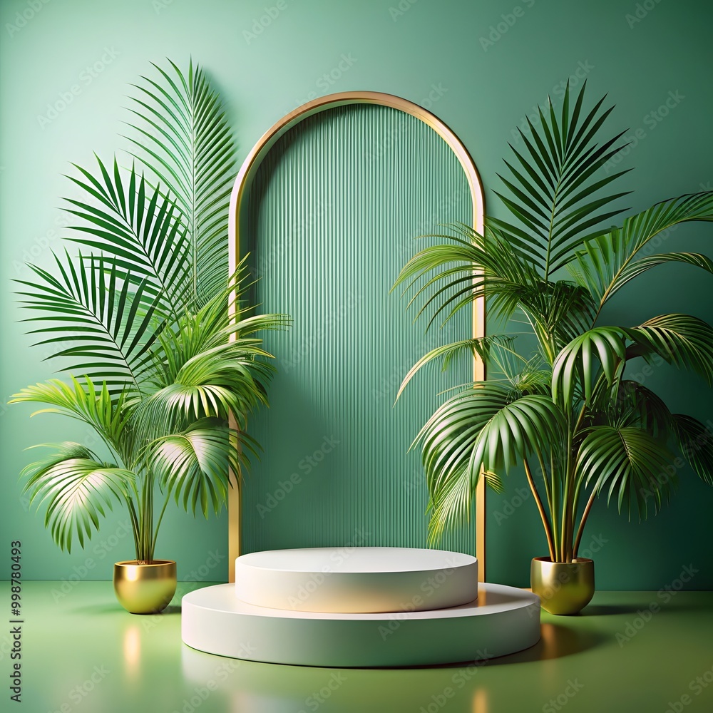 White product podium with green tropical palm leaves and golden round arch on matching Background for product presentation White product podium with green tropical palm leaves and golden round arch on matching Background for product presentation