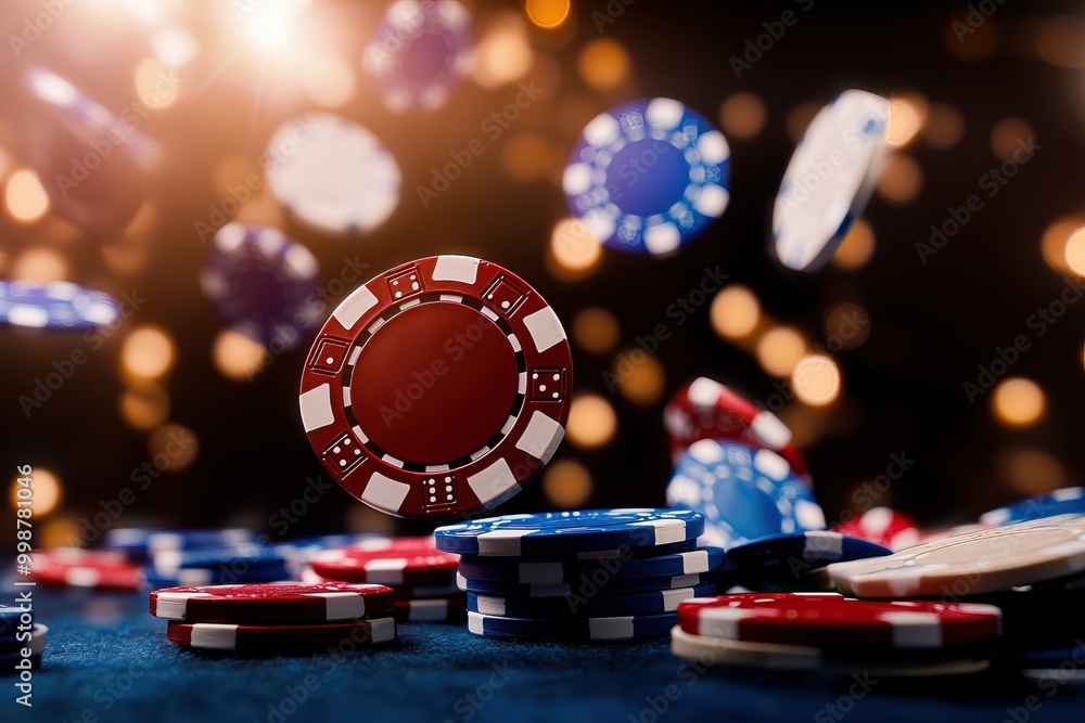Colorful casino poker chips flying through the air with a blurred background of light, capturing the thrill of gambling and games of chance. Colorful casino poker chips flying through the air with a blurred background of light, capturing the thrill of gambling and games of chance.