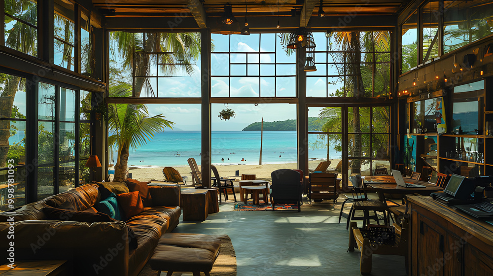A spacious living room with large windows overlooking a tropical beach. A spacious living room with large windows overlooking a tropical beach.