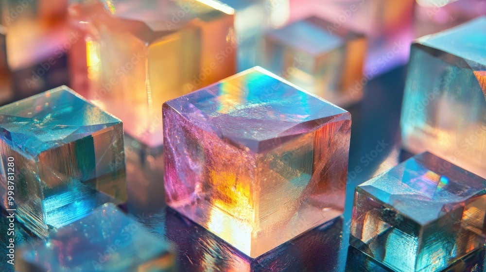 A close-up of iridescent, transparent, geometric shapes with a focus on a larger cube in the center. A close-up of iridescent, transparent, geometric shapes with a focus on a larger cube in the center.