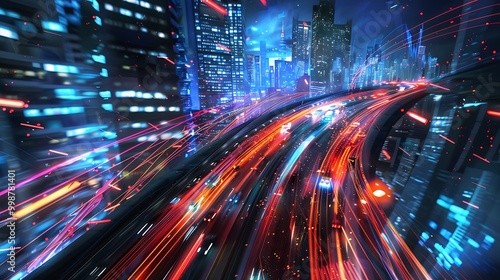 A vibrant cityscape at night with streaks of light from moving vehicles on a futuristic highway.