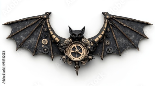 Steampunk bat with intricate mechanical wings and gears, combining gothic and vintage aesthetics for unique art and design inspiration. photo