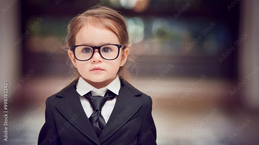 Small girl in formal suit with black tie and glasses. Kid lawyer, studio photo copy space at side. Small girl in formal suit with black tie and glasses. Kid lawyer, studio photo copy space at side.