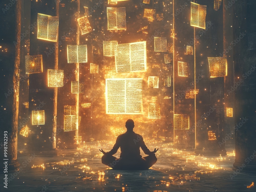 Akashic records illuminating the space around a person in meditation.AI generated Akashic records illuminating the space around a person in meditation.AI generated