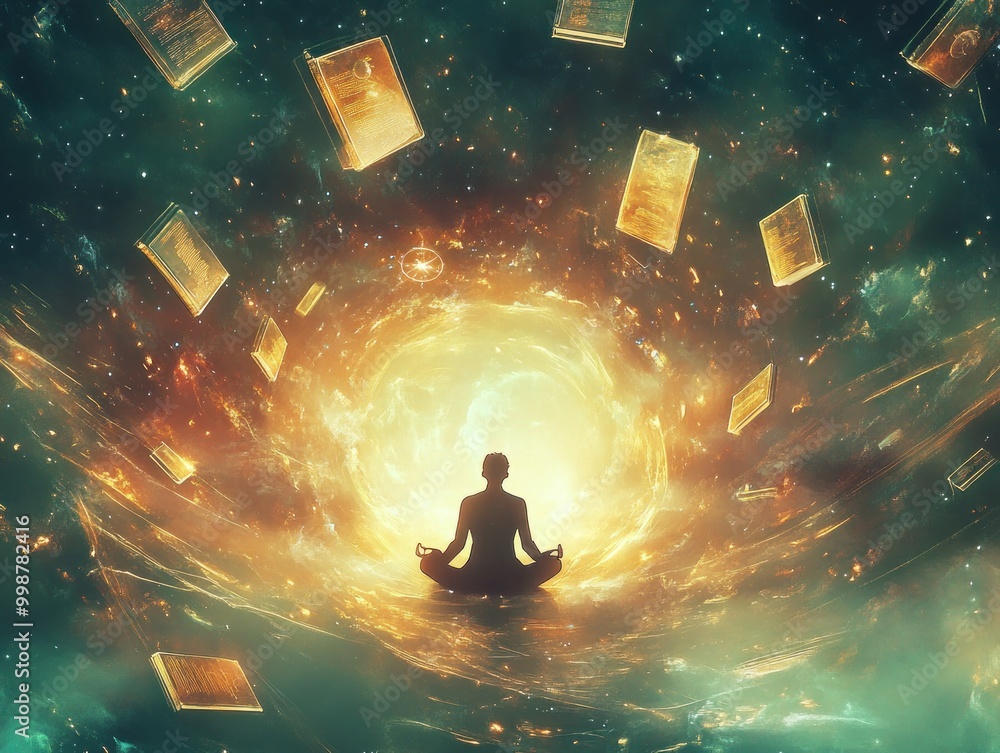 Akashic records illuminating the space around a person in meditation.AI generated Akashic records illuminating the space around a person in meditation.AI generated