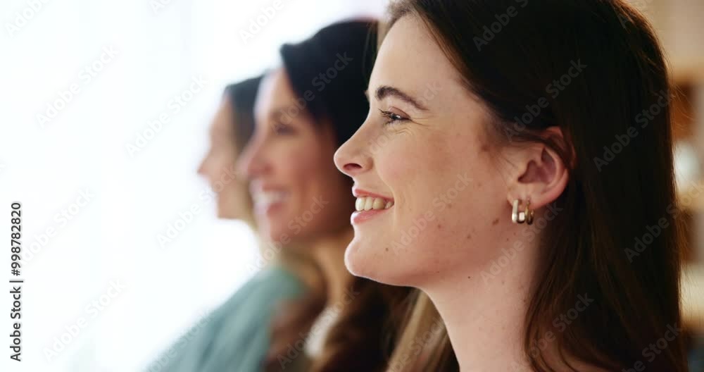 Happy, presentation and profile of women in office for creative meeting at startup company. Smile, career and team of female people in crowd at conference speech with positive attitude in workplace. Happy, presentation and profile of women in office for creative meeting at startup company. Smile, career and team of female people in crowd at conference speech with positive attitude in workplace.